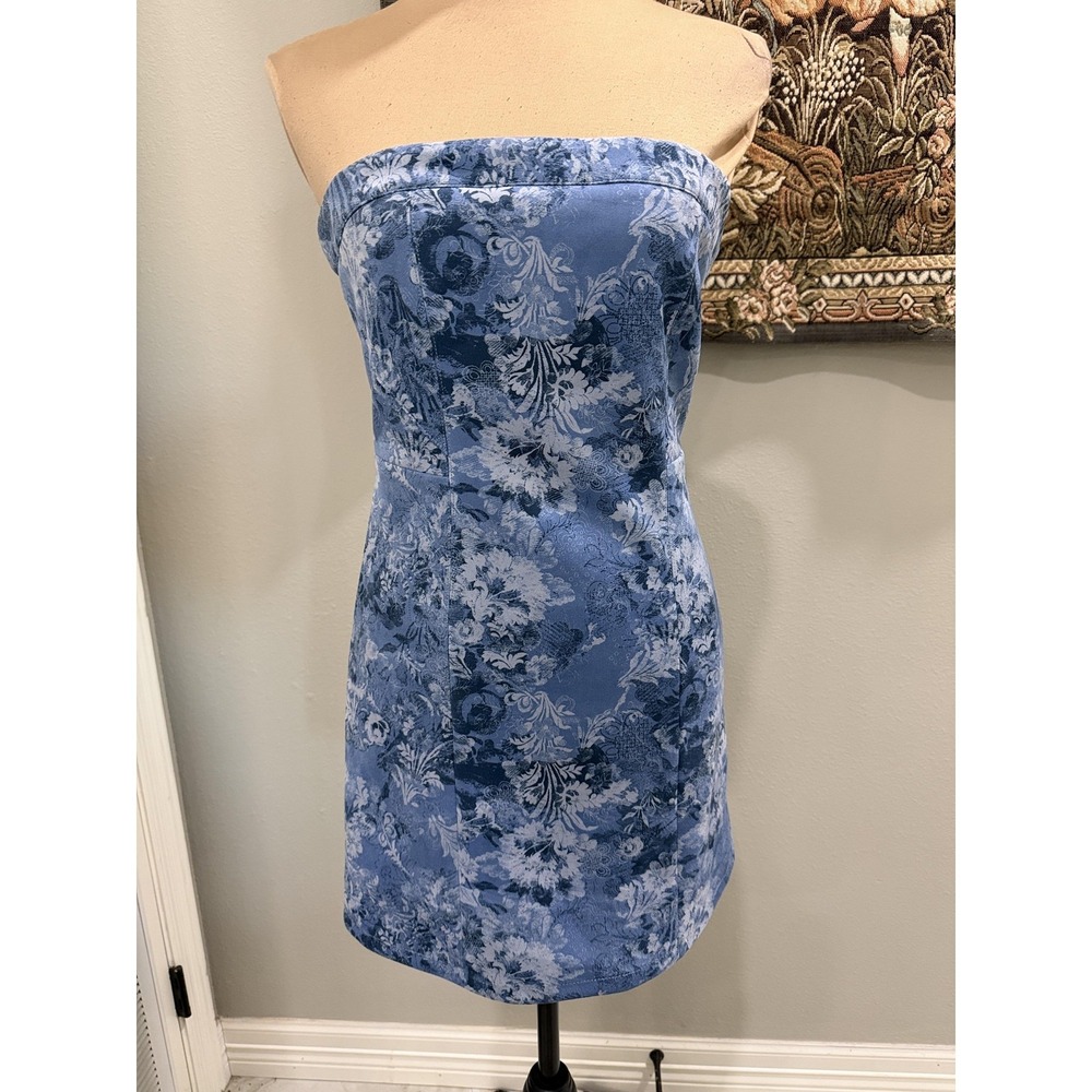 Urban Outfitters Dress Womens M Blue Strapless Floral Jacquard Mini Sheath